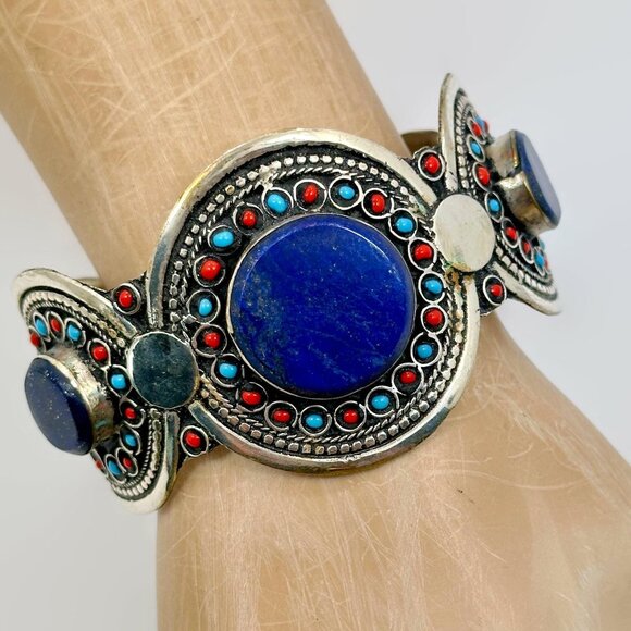 Vintage Middle Eastern Cuff Lapis Afghan Bracelet Silver Turquoise Red Wide Cuff - Picture 1 of 5